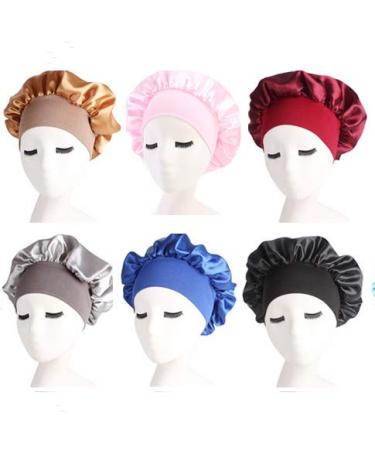 Deepth 6 Pieces Large Satin Bonnet Sleep Caps Soft Elastic Wide Band Satin Sleeping Cap & Hat Head Cover for Women Hair Loss Natural Curly Hair Braids (Solid 6pack)