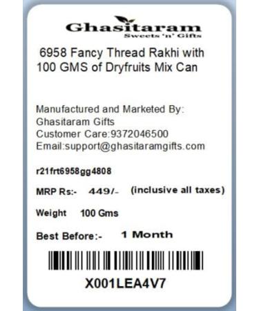 Ghasitaram Gifts Rakhi for Brother Rakhis Online - 6958 Fancy Thread Rakhi with 100 GMS of Dryfruits Mix Can Rakhi Set with 100 gms of Dryfruits Mix Can - Buy Online on GoSupps.com