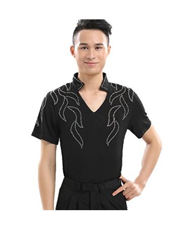 YUMEIREN Men's Spandex Rhinestone Latin Ballroom Dance Tops Shirt Large Short Sleeve