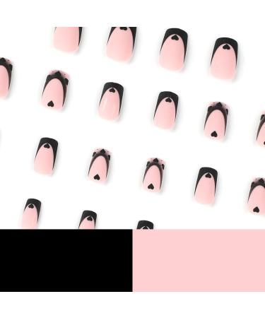French Tip Press on Nails - Short Square matte style Press On Nails with Nail Tips Black love heart Design Gradient Glossy nake skin color press on nails Acrylic False Nails Cute Artificial Nails - Buy Online on GoSupps.com