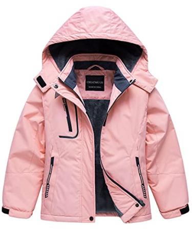 CREATMO US Girl's Waterproof Ski Jacket Warm Winter Fleece Snow Coat Windproof Snowboarding Rain Jacket 14-16 Years Pink