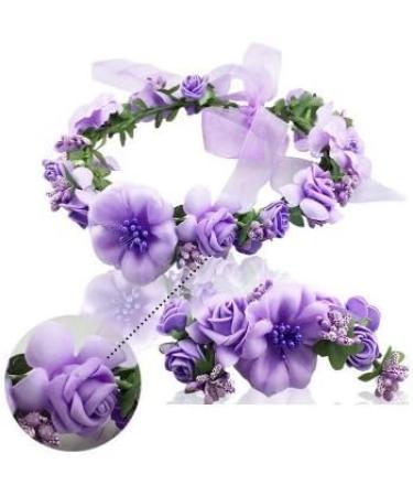 Wedding Bride Garland Women Floral Headband Flower Girl Adjustable Headwear Ladies Artificial Floral Hoop wih Wristband Beach Hawaii Wreath Crown Set Bohemia Headpieces Bracelet for Party Festival purple - Buy Online on GoSupps.com