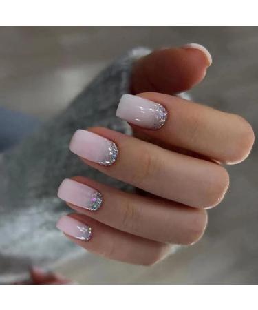 Square short nails to stick on mouyouglow nude pink silver glitter to press 24 pieces of artificial nails with glue acrylic full cover artificial nails for women BB13