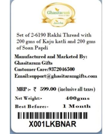 Ghasitaram Gifts Rakhis Online for Brother- Set of 2-6190 Rakhi Thread with 200 GMS of Kaju katli and 200 GMS of Soan Papdi 2 Rakhis with 200 gms of Kaju katli and Soan Papdi - Buy Online on GoSupps.com