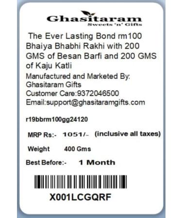 Ghasitaram Gifts Rakhis Online - Rakhi for Brother- The Ever Lasting Bond rm100 Bhaiya Bhabhi Rakhi with 200 GMS of Besan Barfi and 200 GMS of Kaju Katli Rakhi Set with 200 gms of Besan Barfi & Kaju Katli - Buy Online on GoSupps.com