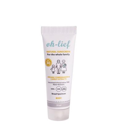 Oh-Lief Natural Body Sunscreen for the whole family including newborns Certified Natural & Organic Broad-Spectrum protection UVA/UVB water resistant Unscented & Preservative free (30ml) 30 ml (Pack of 1)