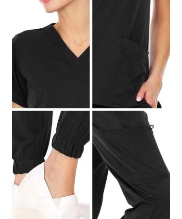 MediChic Mini Marilyn Women's Joggers Scrub Set - Black Large | Stretch Flex V-Neck Nursing Scrubs - Buy Online on GoSupps.com