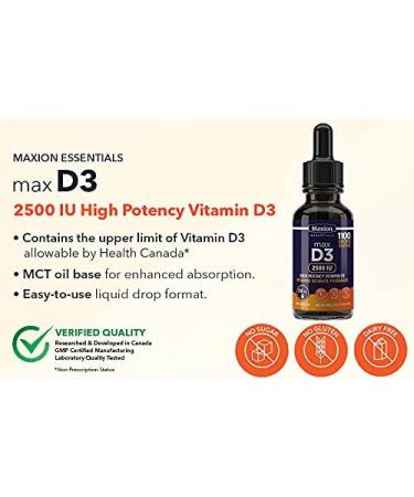 Maxion Vitamin D3 Liquid Drops 2500 IU 1100 Drops Helps with the Development of Bones and Teeth and to Support the Immune System No Preservatives Non-GMO Allergy-friendly 30 mL - Buy Online on GoSupps.com
