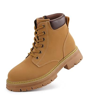 JABASIC Women Leather Ankle Combat Boots Low Heel Lace Up Outdoor Trekking Hiking Work Boots 10 Wheat