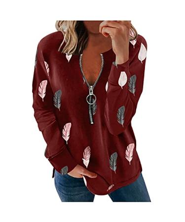 Angxiwan Sweatshirt for Women Zip Up Pullover Tops Casual Feather Printed Outwear Sweatshirts Wine XX-Large