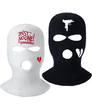 2 Pcs 3 Hole Ski Mask Winter Balaclava Warm Full Face Knit Mask Ski Hat Mask Knitted Full Face Cover for Men and Women White, Black Heart Style
