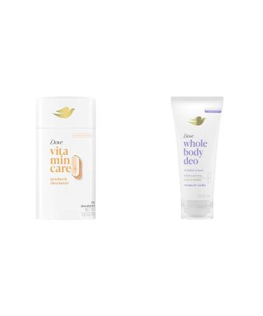 Dove VitaminCare+ Aluminum Free Deodorant Peaches & Shea Butter 72H Odor Control 2.6oz & Whole Body Deo Invisible Cream Deodorant Coconut & Vanilla 72H Odor Control 2.5oz