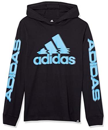 adidas Boys' Long Sleeve Cotton Linear Logo Hooded T-Shirt Large Black/Blue