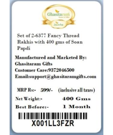 Ghasitaram Gifts Rakhi for Brother Rakhis Online - Set of 2-6377 Fancy Thread Rakhis with 400 GMS of Soan Papdi - Buy Online on GoSupps.com