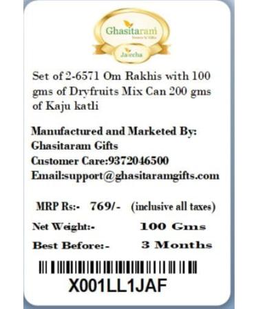 Ghasitaram Gifts Rakhi for Brother Rakhis Online - Set of 2-6571 Om Rakhis with 100 GMS of Dryfruits Mix Can 200 GMS of Kaju katli 2 Rakhi & 100g Dryfruits Mix Can 200g Kaju katli - Buy Online on GoSupps.com