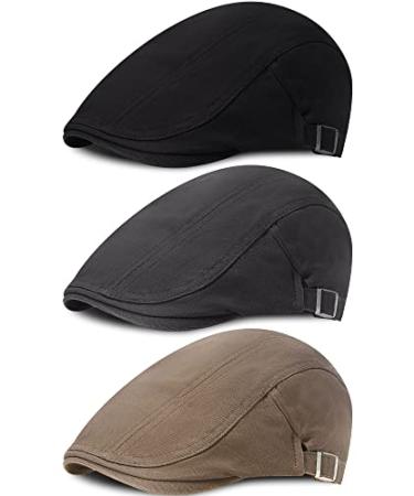 SATINIOR 3 Pieces Mens Newsboy Hat Newsies Hat Adjustable Cadet Cabbie Cap Black, Grey, Coffee