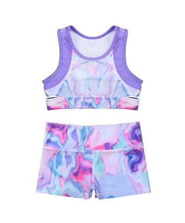 Moily Girls Two Piece Athletic Outfit Short Sleeve Top with Booty Shorts for Gymnastics/Dance/Sports Colorful 10-12 Years