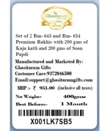 Ghasitaram Gifts Rakhi for Brother Rakhis Online - Set of 2 Rm- 643 and Rm- 654 Premium Rakhis with 200 GMS of Kaju katli and 200 GMS of Soan Papdi - Buy Online on GoSupps.com