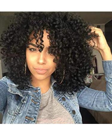 AISI HAIR Curly Afro Wig with Bangs Shoulder Length Wigs Curly Black Wig Afro Kinkys Curly Hair Wigs Synthetic Wig Curly Full Wig for Black Women (Black)
