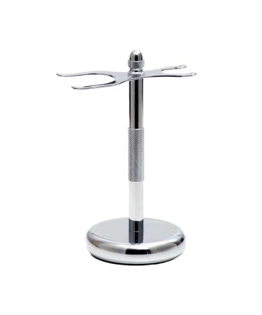 Rockwell Razor's shaving stand in white chrome |Designed with a heavy non -slip bottom for a safety razor and shaving brush |Protects your razor tools from water and white chrome