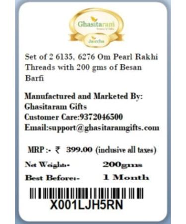 Ghasitaram Gifts Rakhi for Brother Rakhis Online - Set of 2 6135 6276 Om Pearl Rakhi Threads with 200 GMS of Besan Barfi - Buy Online on GoSupps.com
