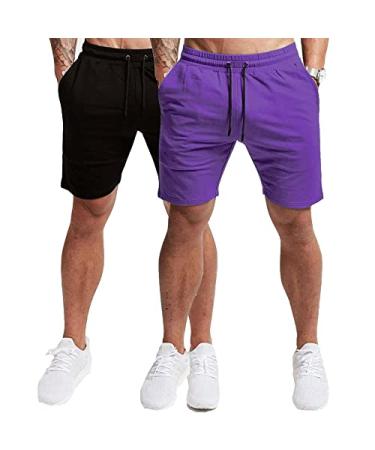 EVERWORTH Men's Casual Training Shorts Gym Workout Fitness Short Bodybuilding Running Jogging Short Pants 2 Pack( Purple - Black ) Large