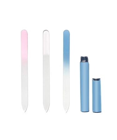 Aoshang 3 Pack Glass Nail File Crystal Nail File Double Sided Etched Filing Surface Finger Nail Files Professional Manicure/Pedicure Nail Care Tool for Natural Nails with Case (Blue Sliver Pink)