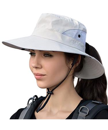 Womens Ponytail Sun Hat UV Protection Mesh Foldable Wide Brim Beach Fishing Hat Pure Beige