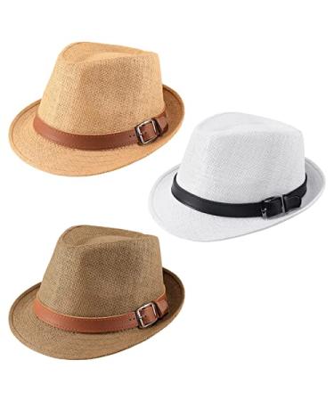 Ultrafun 3 Pack Straw Fedora Hat for Men Women Classic Manhattan Gangster Trilby Panama Fedora Hat Summer Beach Sun Hat 3pack-a-2