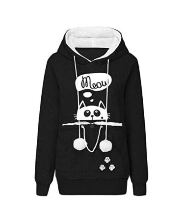 Unisex Pet Pouch Hoodie - Dog Cat Holder Carrier Sweatshirt Fleece Big Pouch Drawstring Pullover Hoody for Women Men Black Small