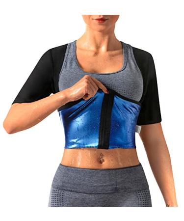 DYUAI Sauna Shrit for Women Sauna Short Sleeve Sauna Sweat Vest Sauna Suit Body Shaper Training Vest Heat Trapping Shirt Top A Blue Lining With Short Sleeve XL(Fit waist 34.3-37.2