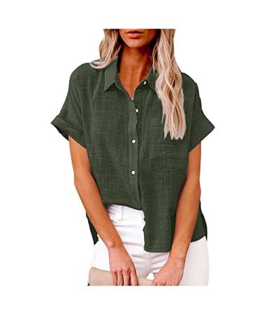 Summer Button Down Shirts for Women 2022 Casual Linen Collared T Shirts Loose Dressy Solid Cute Tees Blouses Tshirts Medium 01 Army Green