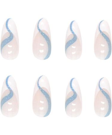 Justotry 24 Pcs Almond False Nails Short White French Press on Nails | Wavy Swirl Fake Nails with Nail Glue | Stiletto Stick on Nails for Women | Nails Art White French & Blue - Buy Online on GoSupps.com