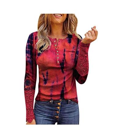 Long Sleeve Shirts for Women Fitted, Women's Long Sleeve Tops Lace V Neck Button Down Henley Shirts Slim Fit Ribbed Shirts Medium Red