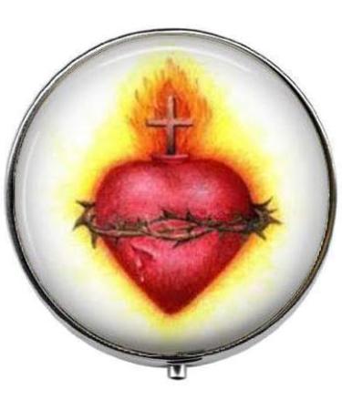 Flaming Sacred Heart Christian Gift Religious - Art Photo Pill Box - Charm Pill Box - Glass Candy Box 40 Silver