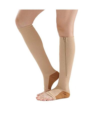 Huante compression stockings nylon zipper compression stockings knee support open toes prevents varicose veins stretch socks (gray-pink) L/XL 48 multicolored