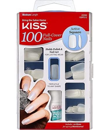 KISS 200 Full-Cover Manicure Kit Medium Length Active Square Fake Nails Longer Lasting 10 Sizes with Maximum Speed Nail Glue 101 Count (Pack of 1)