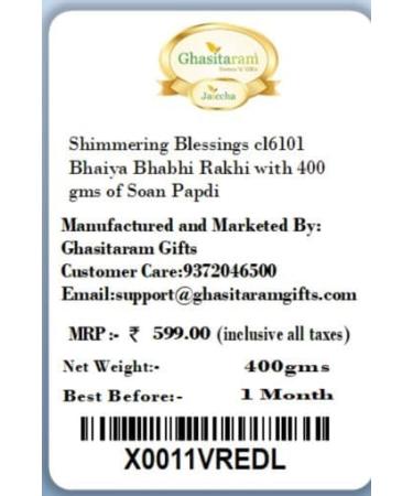 Ghasitaram Gifts Rakhis Online- Shimmering Blessings cl6101 Bhaiya Bhabhi Rakhi with 400 GMS of Soan Papdi - Buy Online on GoSupps.com