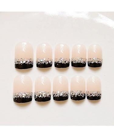 French Fake Nails - Nude & Black Glitter Artificial Nails for Daily Wear | Medium Size False Nails - Buy Online on GoSupps.com