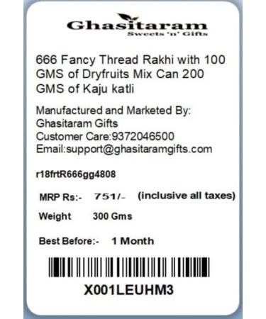 Ghasitaram Gifts Rakhi for Brother Rakhis Online- 666 Fancy Thread Rakhi with 100 GMS of Dryfruits Mix Can 200 GMS of Kaju katli Rakhi & 100g Dryfruits Mix Can 200g Kaju katli - Buy Online on GoSupps.com