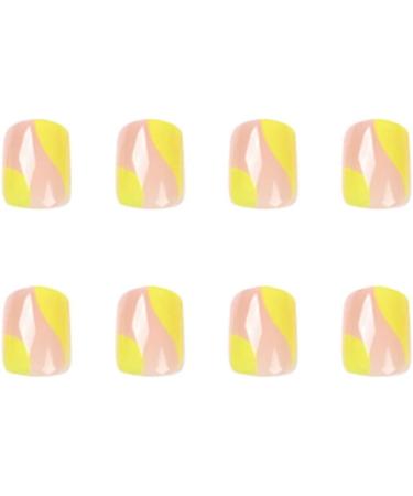 Justotry 24 Pcs Square False Nails - Short Lemon French Press on Nails with Nude Wave Design - Includes Nail Glue Stick - Perfect for Women's Nail Art - Buy Online on GoSupps.com