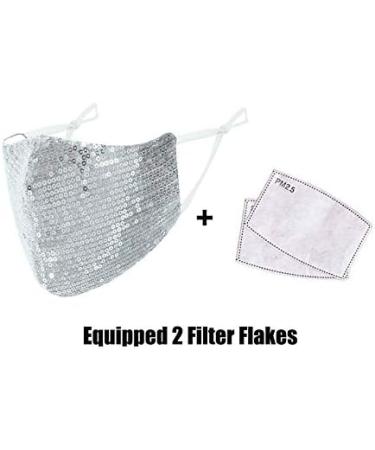 Yimidear Adult Mouth Protection | Bling Sequins Reusable Washable Dust Mask with 2 Active Coal Filters for Running Cycling & Activities - Silver - Buy Online on GoSupps.com