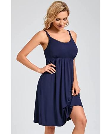 Sosolism Women's Dark Blue Nursing Nightdress - Padded Lace Trim Maternity Dress - Buy Online on GoSupps.com