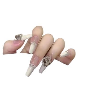 Temperament-enhancing manicure pure hand-made white French fingernail patch Pearl diamond manicure can be disassembled and reused.(M)