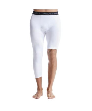 The New Men's Basketball Single Leg Tight Sports Pants 3/4 One Leg Compression Pants Athletic Base Layer Underwear Small White-1