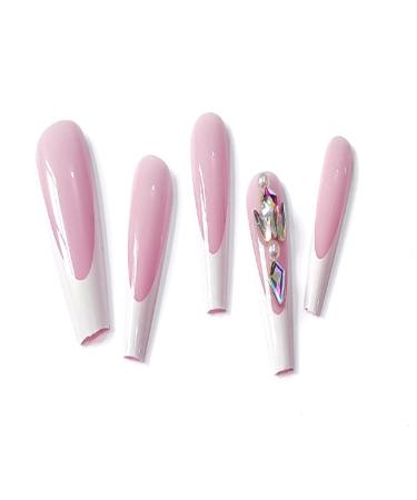 MIQIQAO C_DiamondWhite Coffin Nails - 24 Shiny Long Ballerina Stick-On Nails with Glue | International Shipping Available - Buy Online on GoSupps.com