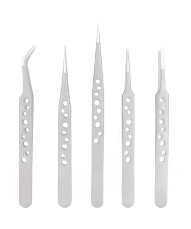 Mesee 5 Pcs Stainless Steel Precision Tweezers Tool Set 9-Hole Anti-Static Tweezer Non-Magnetic Curved & Straight Pointed Tips ESD Tweezer Kit for Eyelash Extension Jewelry Electronics Repair