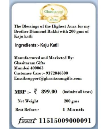 Ghasitaram Gifts Rakhi for Brother Rakhis Online - The Blessings of The Highest Aura for My Brother Diamond Rakhi with 200 GMS of Kaju katli - Buy Online on GoSupps.com