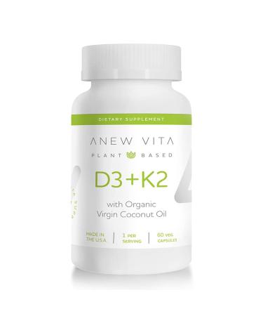Anew Vita Vitamin D3 + K2 w/Organic Coconut Oil | Bone Health | Supports Circulatory System | Calcium Balance | Plant Based | Non - GMO | Gluten Free | 60 Softgels | Made in USA