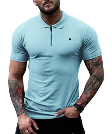 COOFANDY Men's Zipper Polo Shirts Short Sleeve Golf Shirt Slim Fit Casual T Shirts with Pocket Large Clear Blue